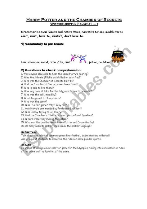 Harry Potter And The Chamber Of Secrets Iii Esl Worksheet By Missgeorgie