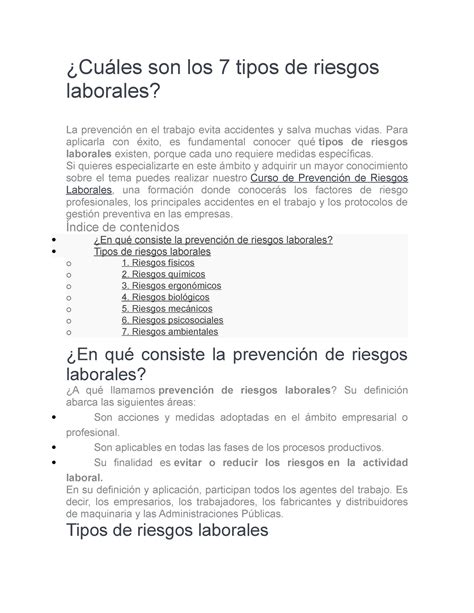 Cuáles Son Los 7 Tipos De Riesgos Laborales ¿cuáles Son Los 7 Tipos