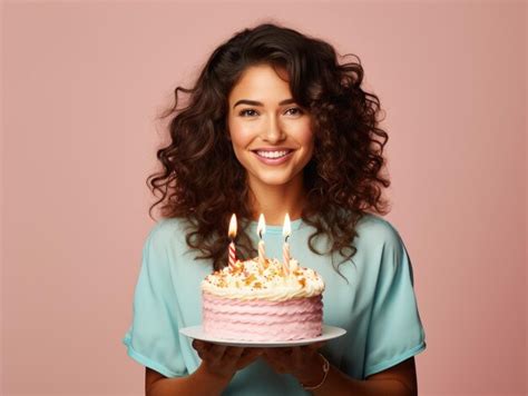 Feliz Jovem Linda Segurando Um Grande Bolo De Anivers Rio Velas