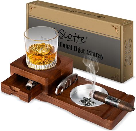 Scotte Ashtray Coaster Whiskey Glass Tray And Wooden Ash Tray With Cigar Cutter