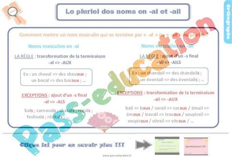 Le Pluriel Des Noms En Al Et Ail Au Ce2 Leçon Trace écrite Pdf Gratuit à Imprimer Par