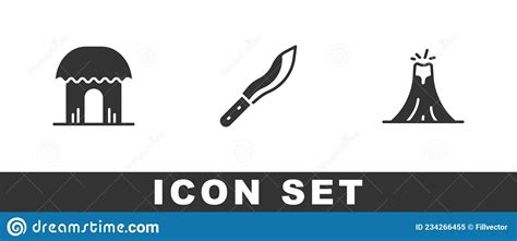 Set African Hut Machete And Volcano Eruption Icon Vector Stock Vector