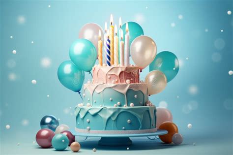 birthday cake   lighted candles  balloons pastel colors
