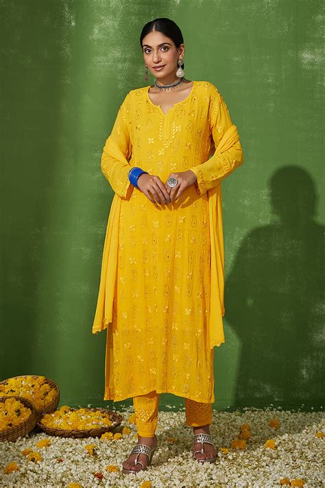 Buy Yellow Georgette Embroidery Chikankari Meher Paisley Kurta Set For