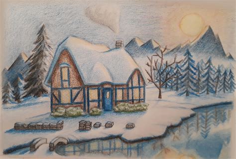 Cabin In Misty Mountains Drawing With Colored Pencils R Drawing