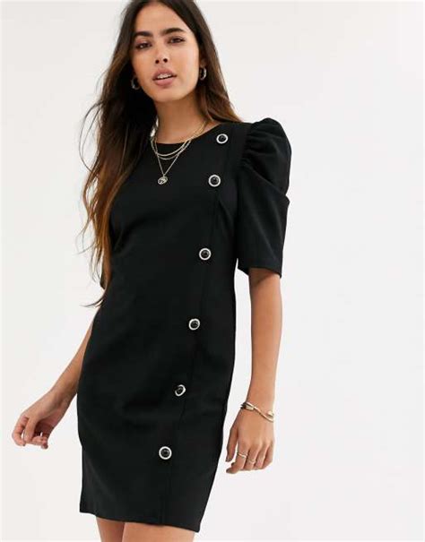 River Island Puff Sleeve Mini Dress With Button Detail In Black Asos