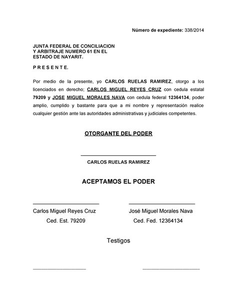 Carta Poder en Materia Laboral Número de expediente 338 JUNTA