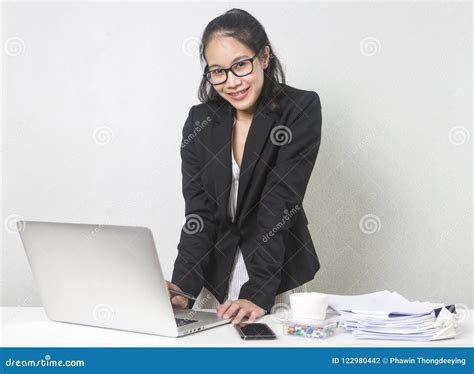 Happy Business Asian Woman Working With Laptop At White Working Table