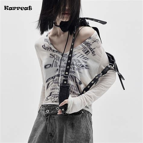 Karrcat Grunge Aesthetics Tops Cyber Y K V Neck T Shirt Punk Style Crop