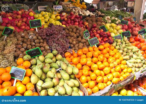 Stands Full Of Fresh Fruits At A Local Greengrocers Stock Image Image