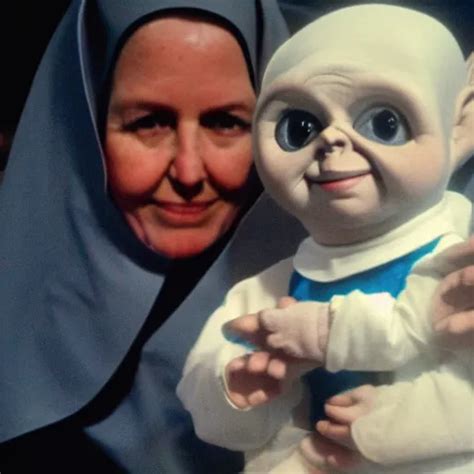 A Nun In Church Holding Chucky The Evil Killer Doll On Stable