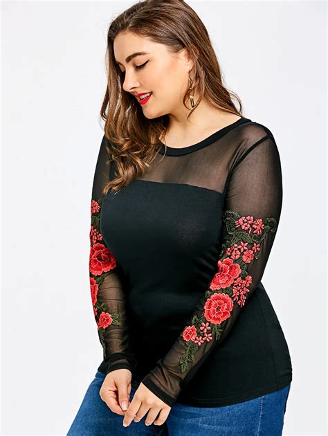 Wipalo Women Summer Tops Plus Size Embroidery Sheer Long Sleeve T Shirt