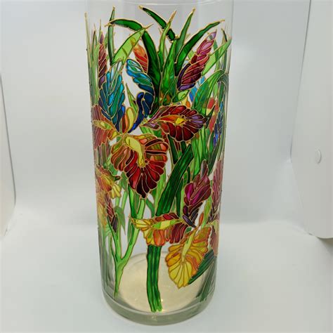 Tall Stained Glass Vase Hand Painted Irises Vase 104 1 3 In Etsy