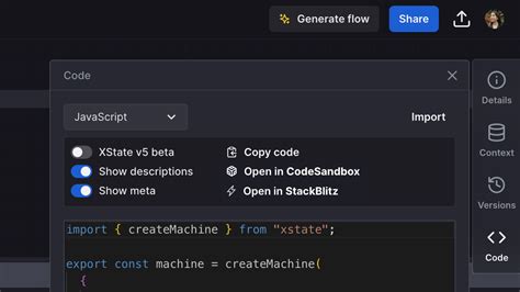 Context Schema And Export To CodeSandbox Or StackBlitz Stately