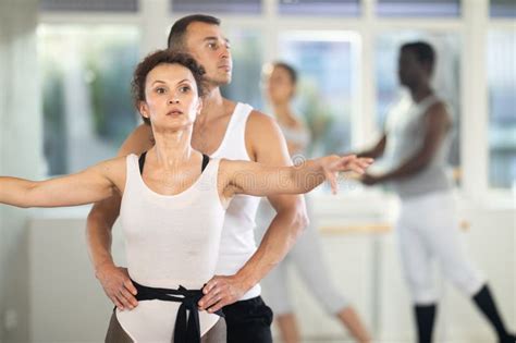 Ballet Partners Mastering Paired Technique During Group Class Stock