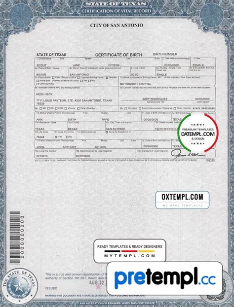 USA Texas State Birth Certificate Example In PSD Format Fully Editable