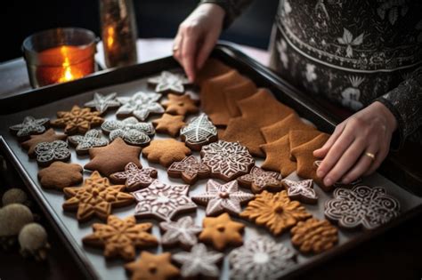 Premium Photo Baking Tray With Gingerbread Cookies Being Decorated