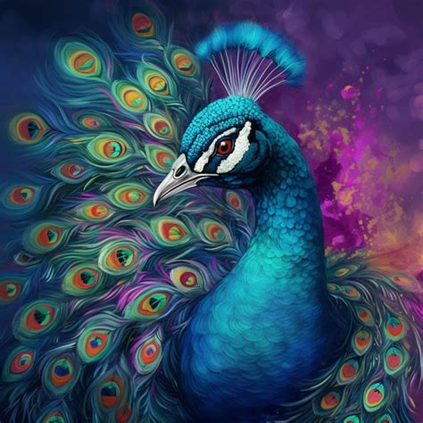 Premium Photo | Painting of a peacock with a colorful tail feathers and a purple background ...