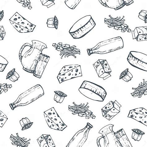 Seamless Pattern Dairy Products Hand Drawn Sketches Foods Stock