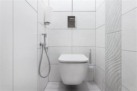 Modern White Toilet with Toilet and Hygienic Shower Stock Photo - Image ...