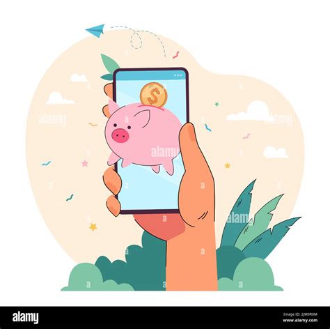 Hand Of Person Holding Cellphone With Piggybank On Screen Piggy With