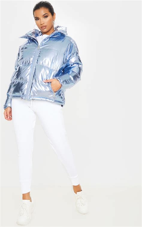 Blue Metallic Puffer Coats And Jackets Prettylittlething Usa