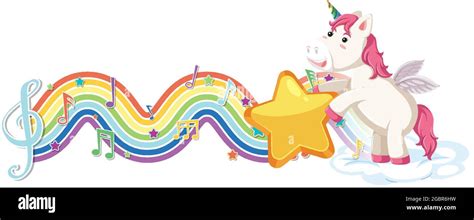 Unicorn Standing On The Cloud With Melody Symbols On Rainbow Wave