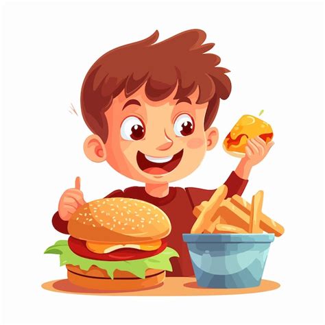 Happy Boy Biting Burger Kid Eating Fast Food Premium Ai Generated Vector