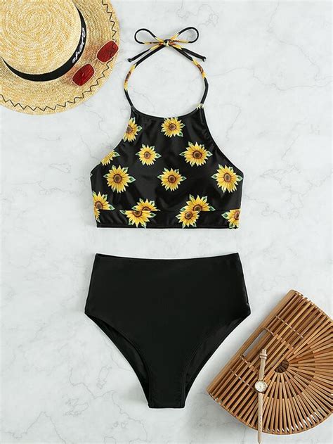 Shein Swim Vcay Sunflower Print Tankini Set High Neck Halter Top High