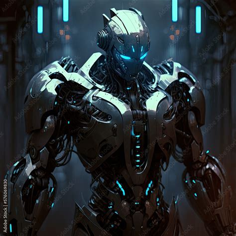 A futuristic robot with sleek, metallic curves and glowing blue eyes ...