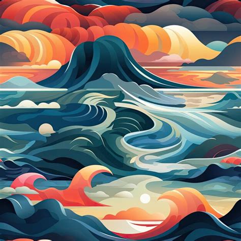 Premium Ai Image Colorful Ocean Illustration With Boats And Waves Tiled