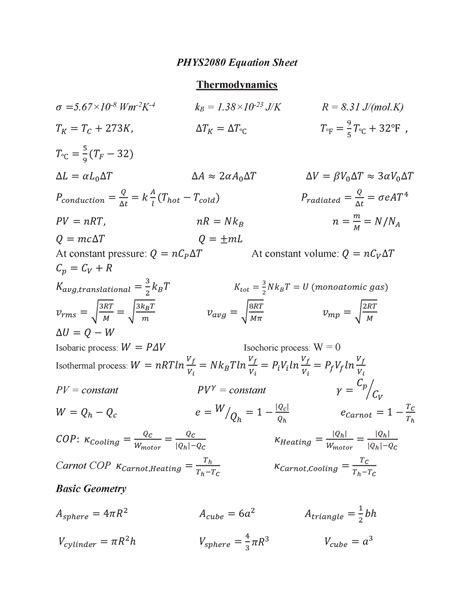 Thermodynamics Equation Sheet