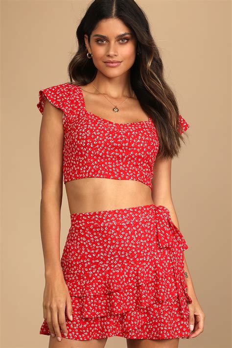 Red Crop Top Floral Print Top Tie Back Top Short Sleeve Top Lulus