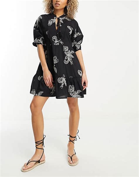 Accessorize Embroidered Mini Throwover Beach Summer Dress In Black