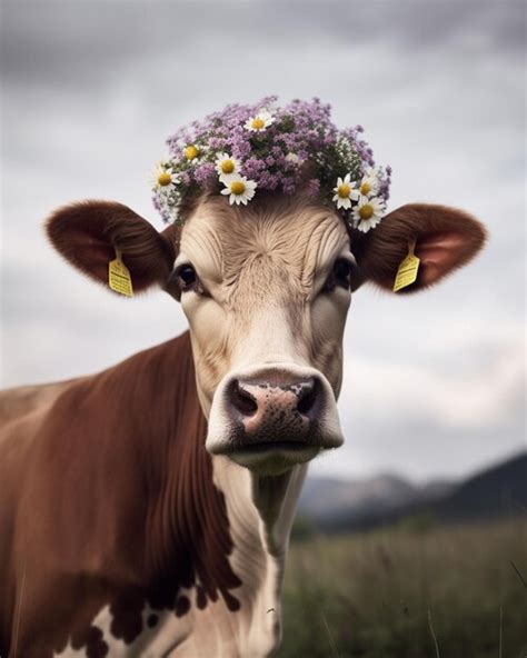 Une Vache Avec Une Couronne Sur La Tête Porte Une Couronne De Fleurs