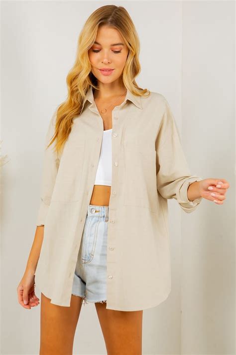 Mikayla Button Down Oatmeal Sale The Blue Door Boutique