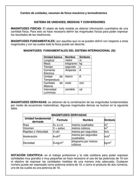 Cambio de unidades resumen de física mecánica y termodinámica Física