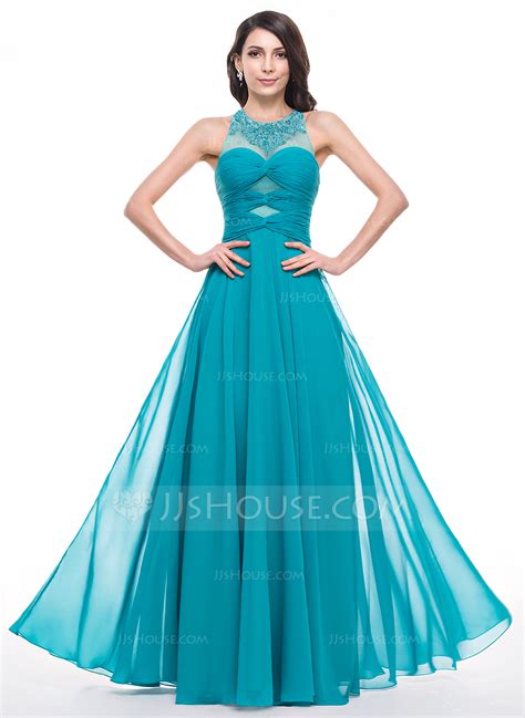 A Line Princess Scoop Neck Floor Length Chiffon Prom Dresses With