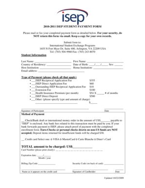 Fillable Online Isep 2010 2011 ISEP Student Payment Form Doc Data