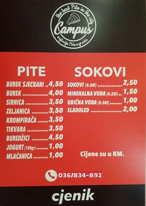 Speisekarte Von CAMPUS 2 Restaurant Mostar