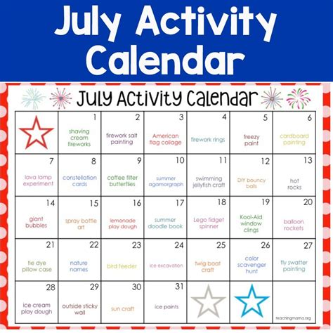 July Activity Calendar For Preschoolers Julia Leticia