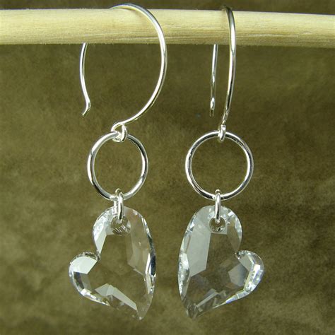 Heart Earrings Large Crystal Heart Earrings Dangle Earrings Sterling