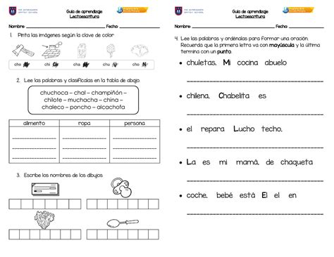 Guías letra Ch gjkl Guía de aprendizaje Lectoescritura Nombre