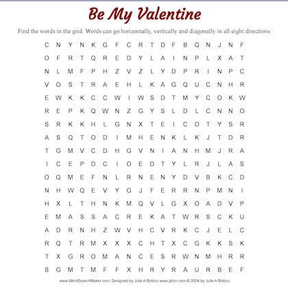 Be My Valentine--Word Search Puzzle at Just Plain Fun