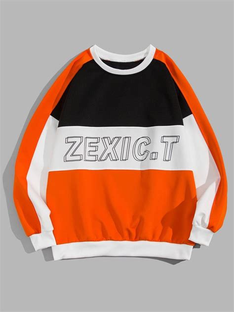 Color Blocking Spliced Letter Graphic Print Sweatshirt Orange Yellow