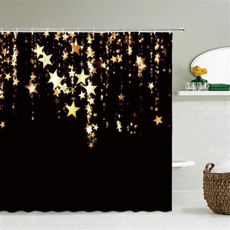 Trendy Gold Glitter Stars Sparkles Shower Curtains Shiny Decor For