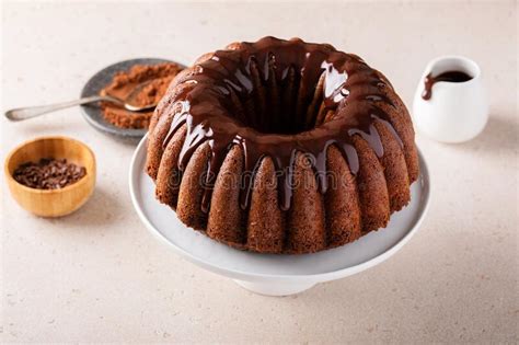 Chocolate Marble Bundt Cake With Chocolate Glaze Drizzled On Top Stock