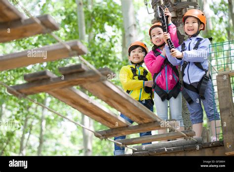 Happy Chinese Children Playing In Tree Top Adventure Park Stock Photo