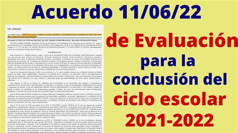 Acuerdo 110622 de evaluación para la conclusión del ciclo escolar 2021