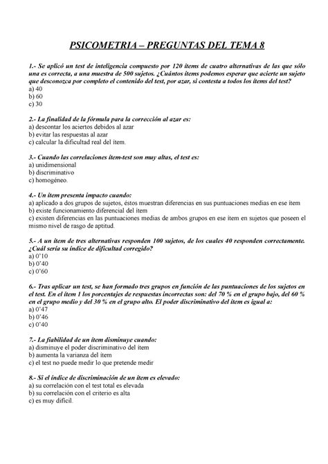 Preguntas Tema 8 Ejercicios PSICOMETRIA PREGUNTAS DEL TEMA 8 1